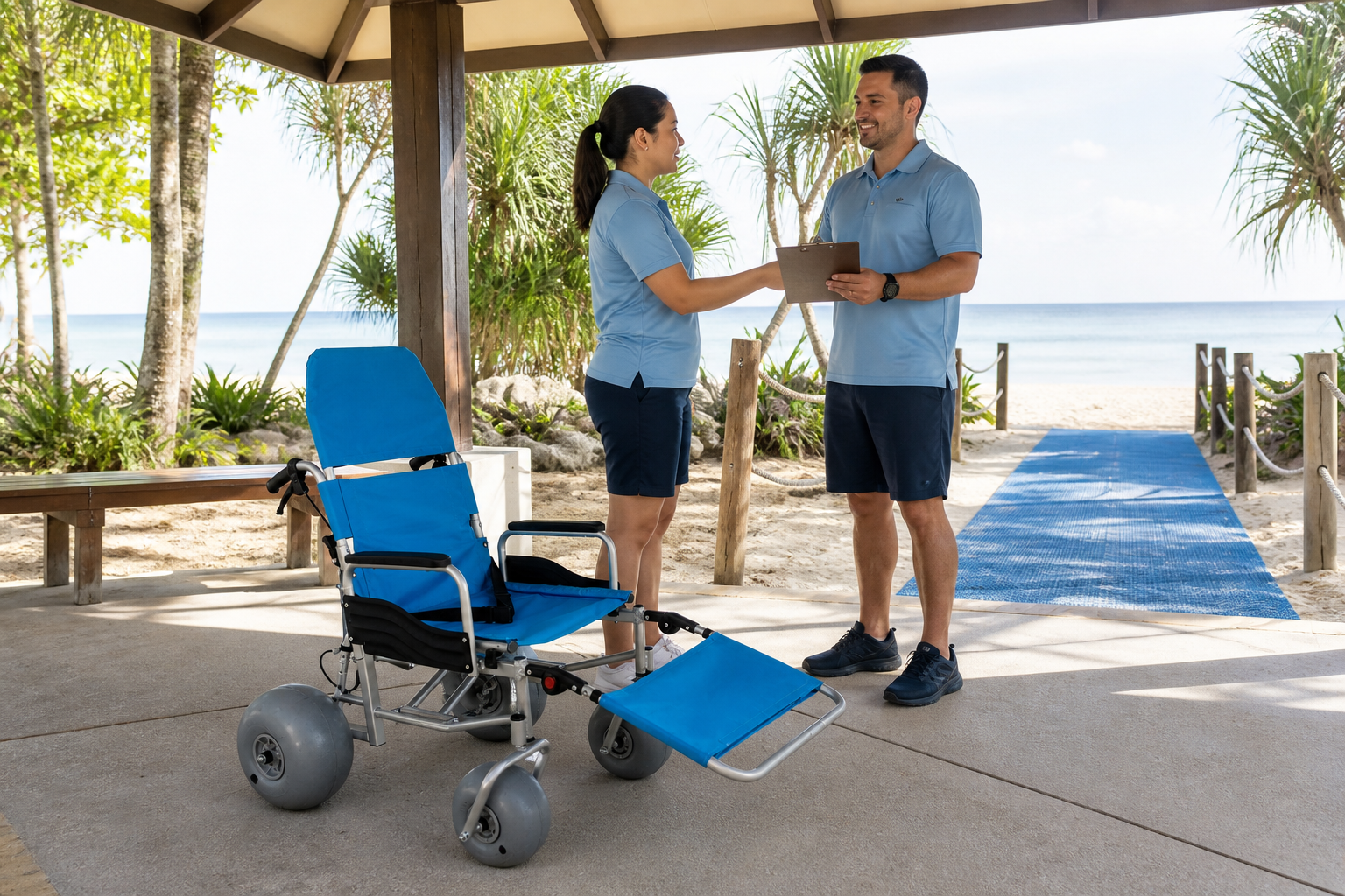 Resort staff at an all terrain beach wheelchair handoff point