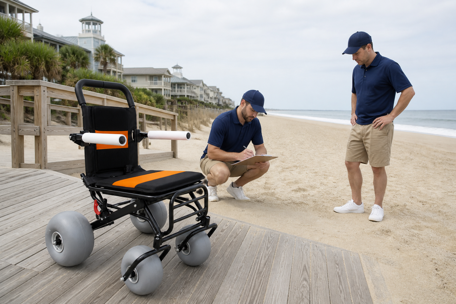 Operations staff reviewing an all terrain beach wheelchair route from boardwalk to firm sand