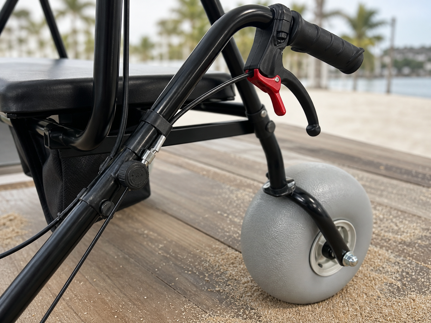 Beach walker red brake lever cable frame joint and gray balloon wheel