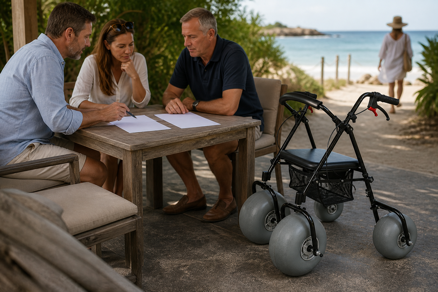 Business buyers comparing blank supplier answer sheets beside a beach walker sample