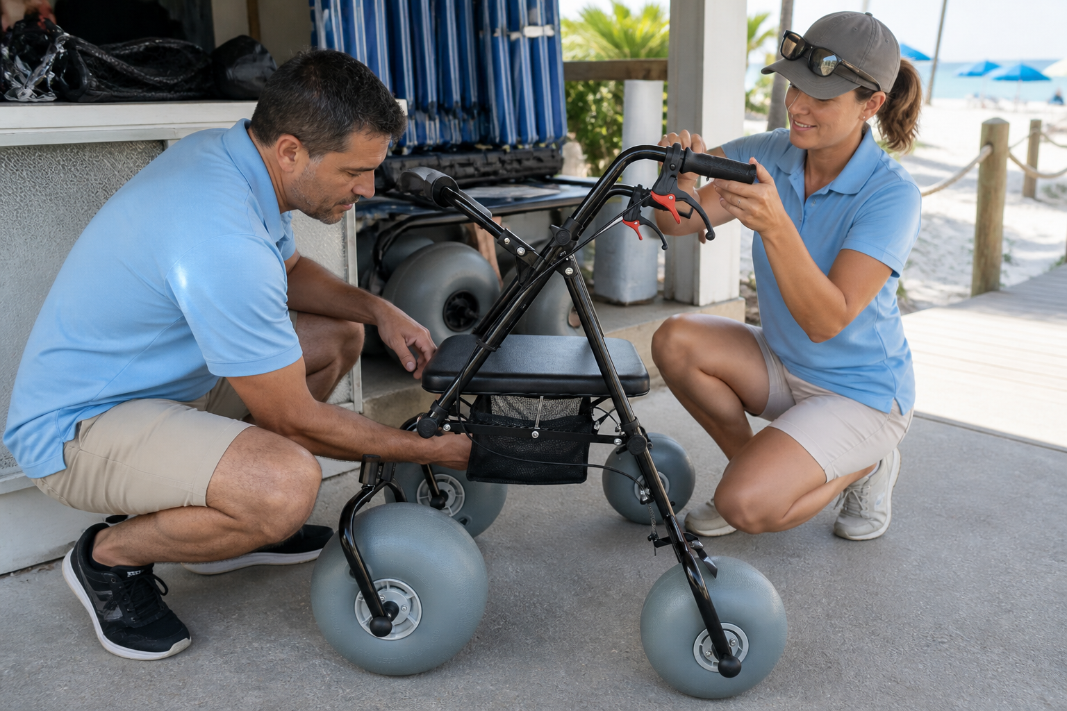 Resort staff completing a beach walker fit check