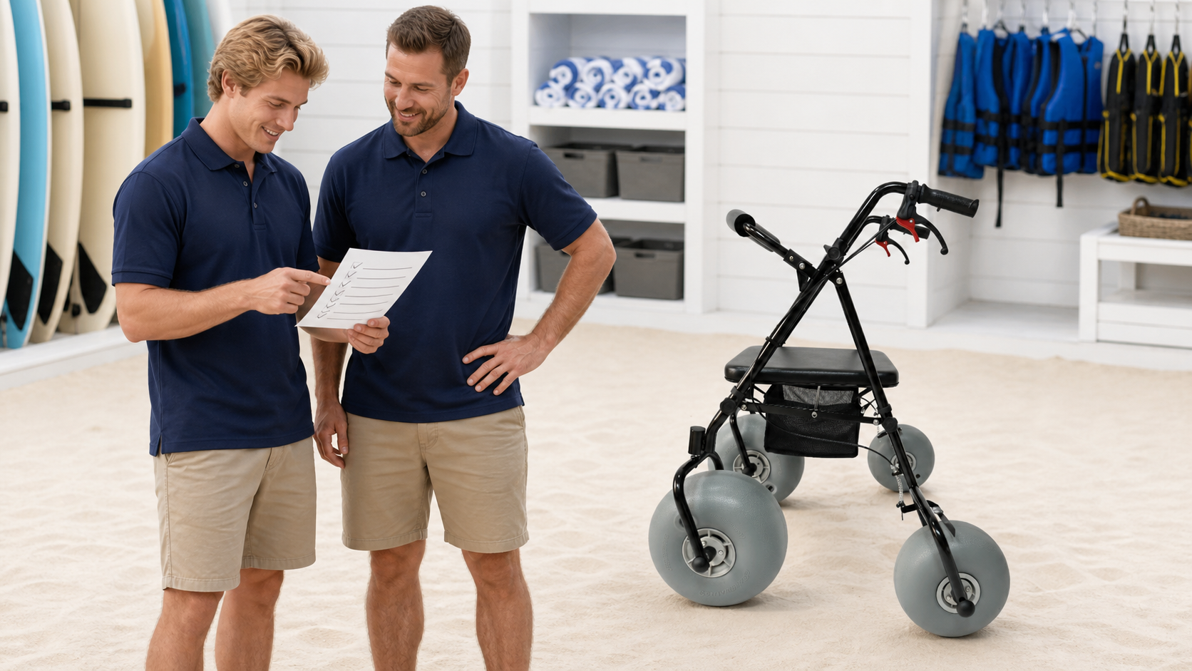 Fleet manager reviewing beach walker service records beside clean labeled storage bays