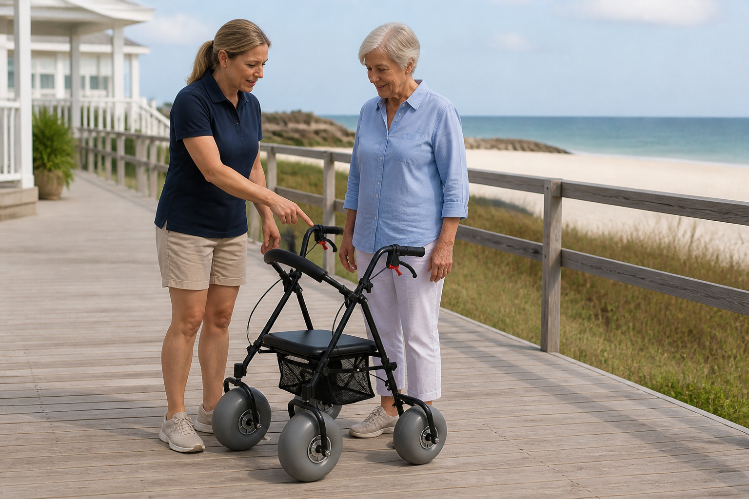 Resort staff explaining beach walker handles and brake levers