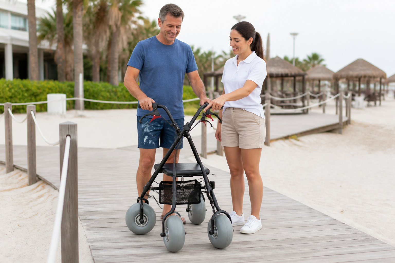 Resort staff explaining a beach walker brake during guest handover