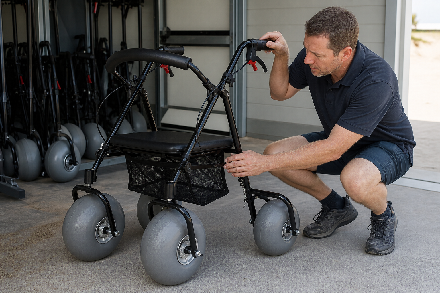 Staff completing a pre-rental inspection on a beach walker