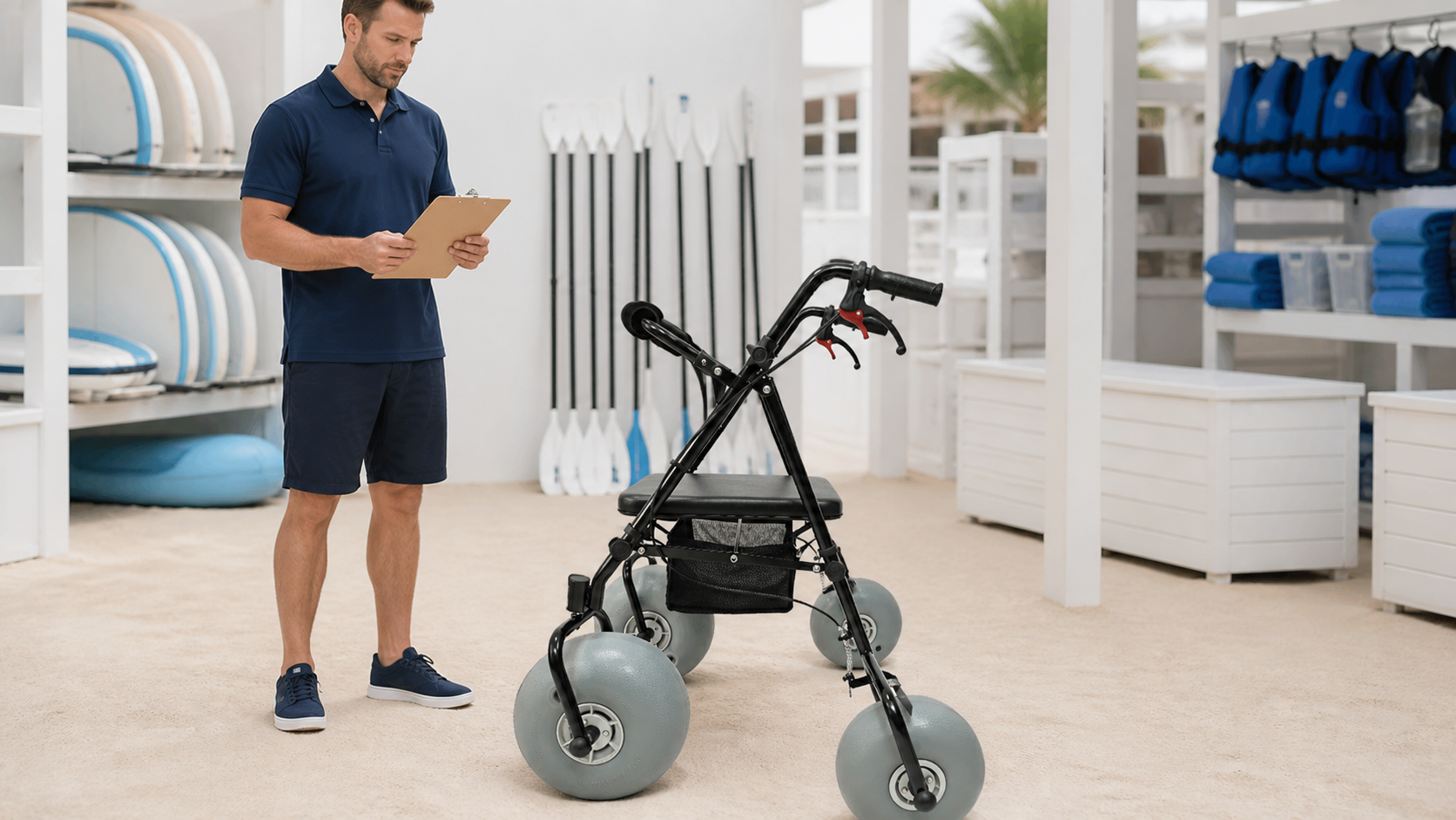 Resort mobility staff beginning a documented pre-use check on a beach walker