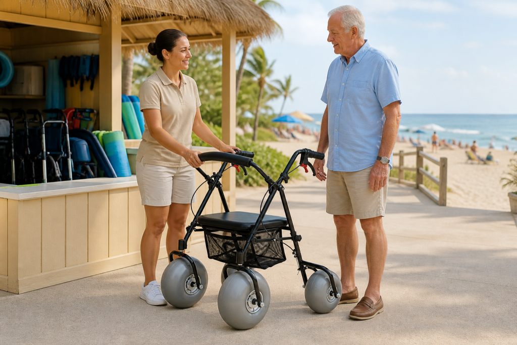 Resort employee presenting a beach walker to an older adult guest