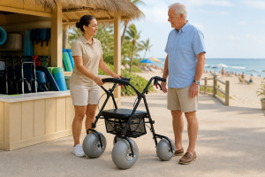 Resort employee presenting a beach walker to an older adult guest