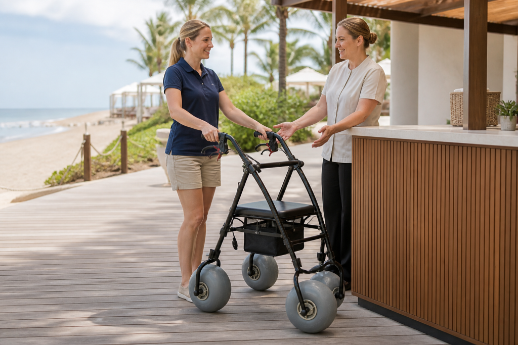 Resort staff presenting a beach walker at a beachfront rental desk