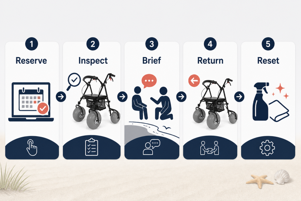Five-step beach walker rental workflow