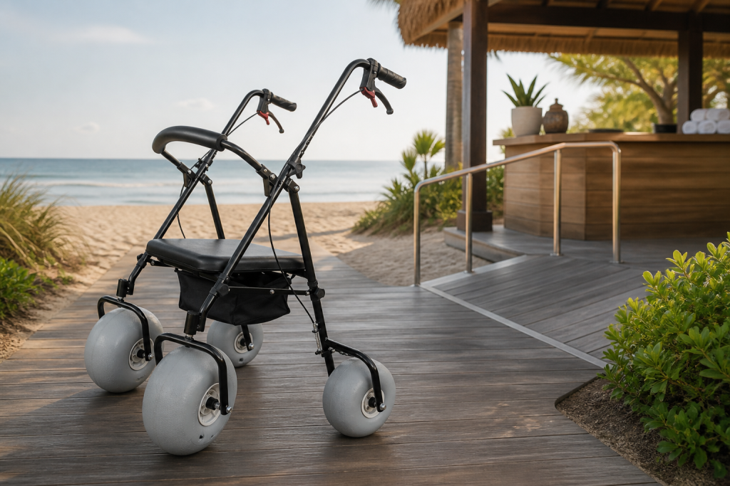 Four-wheel beach walker ready at a coastal resort boardwalk