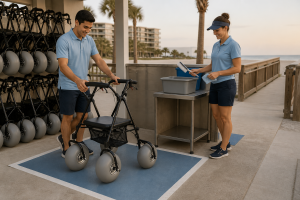 Two resort staff receiving an empty beach walker after rental
