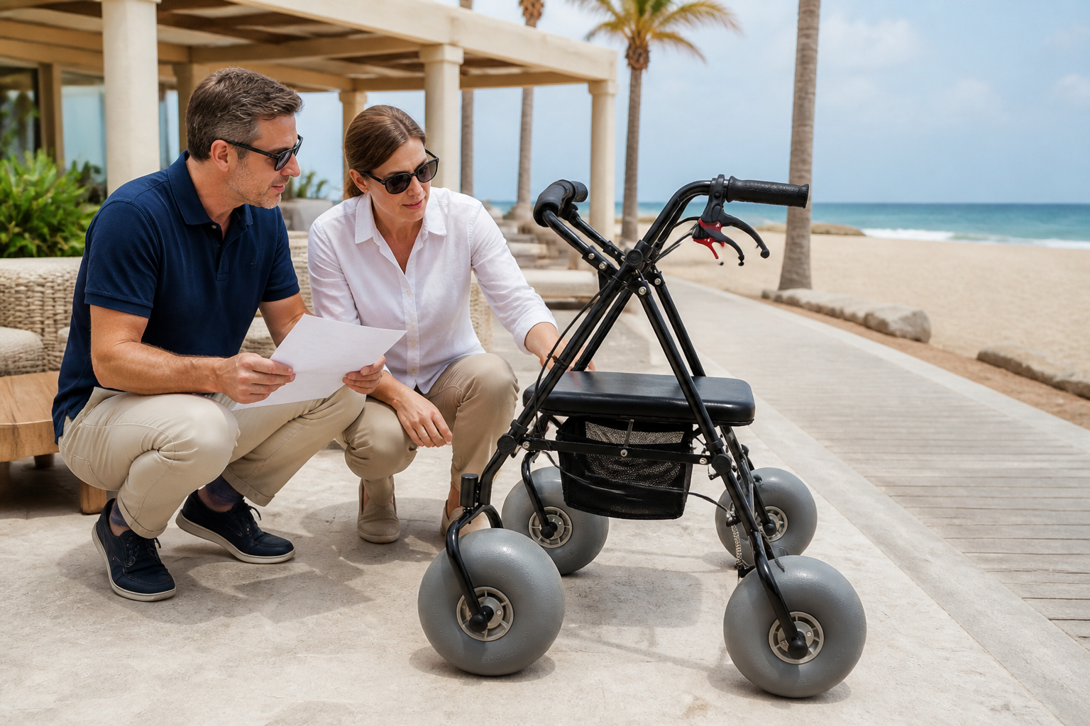 Coastal resort buyers reviewing a beach walker sample beside an access route
