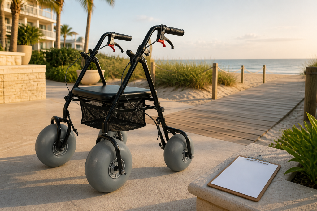 Beach walker sample and blank clipboard at a coastal resort access point