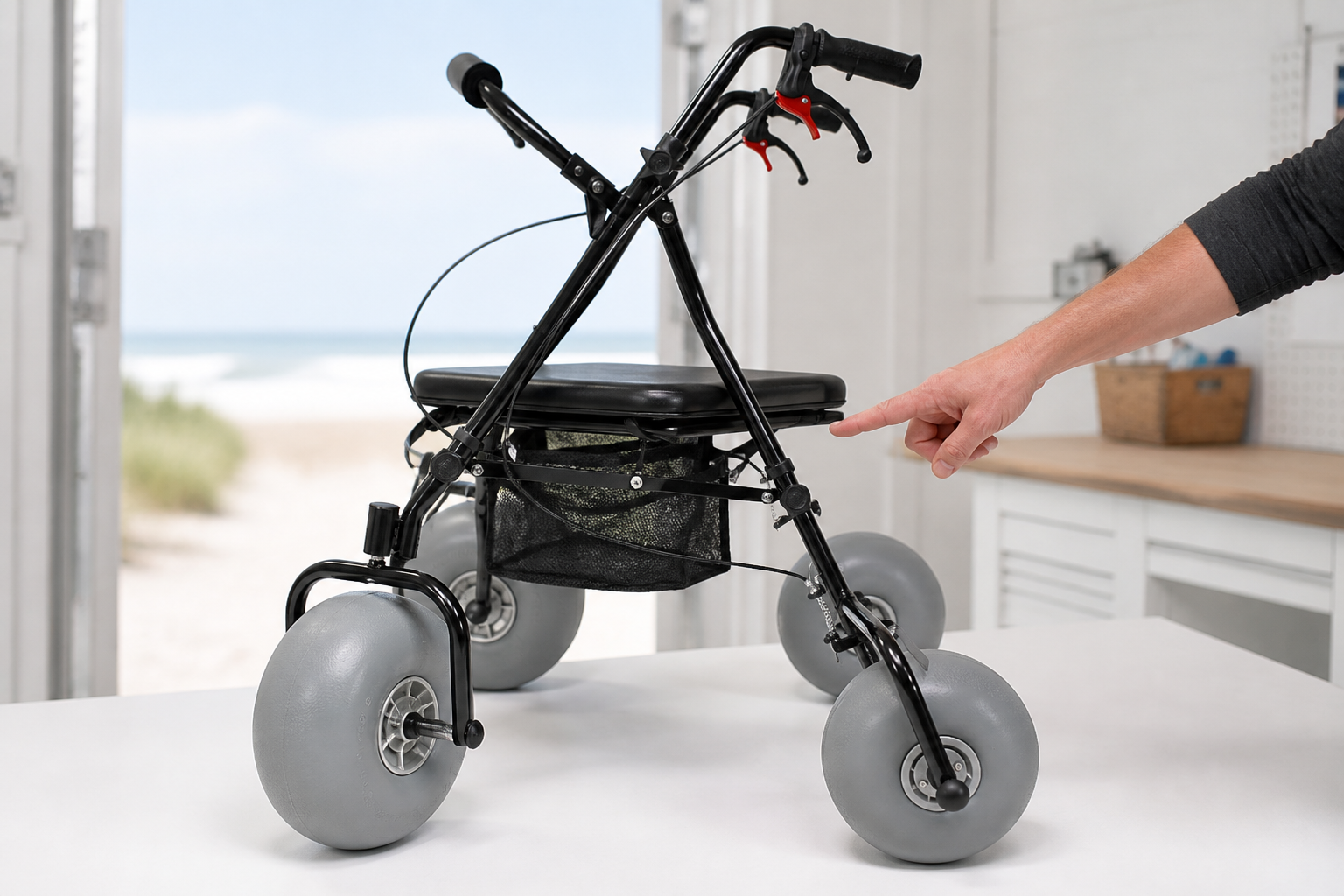 Buyer reviewing the beach walker folding frame wheels seat basket and brake controls