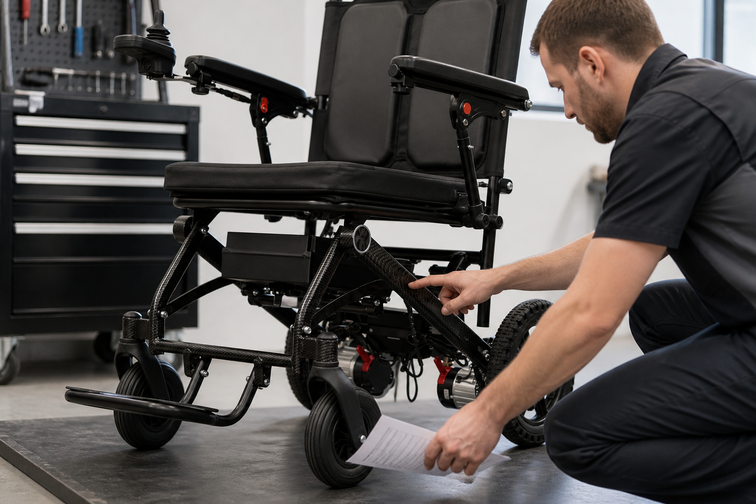 Technician reviewing components on a brushless motor electric wheelchair