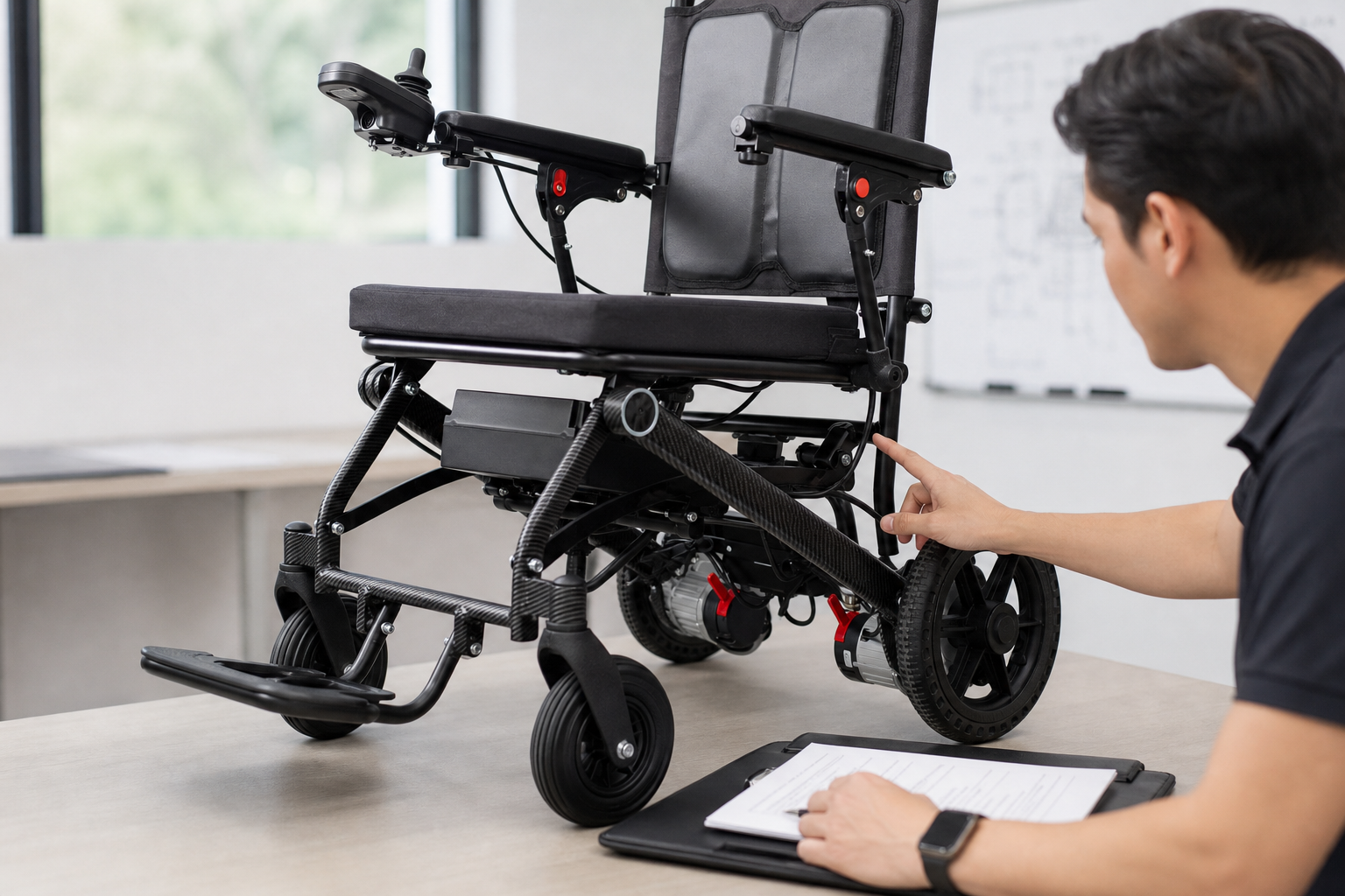 Technician reviewing joystick cable routing and service documents on an electric wheelchair