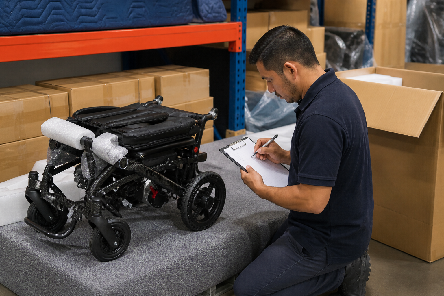 Logistics staff documenting a folded brushless motor electric wheelchair