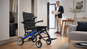 Compact electric wheelchair in a bright space-efficient apartment
