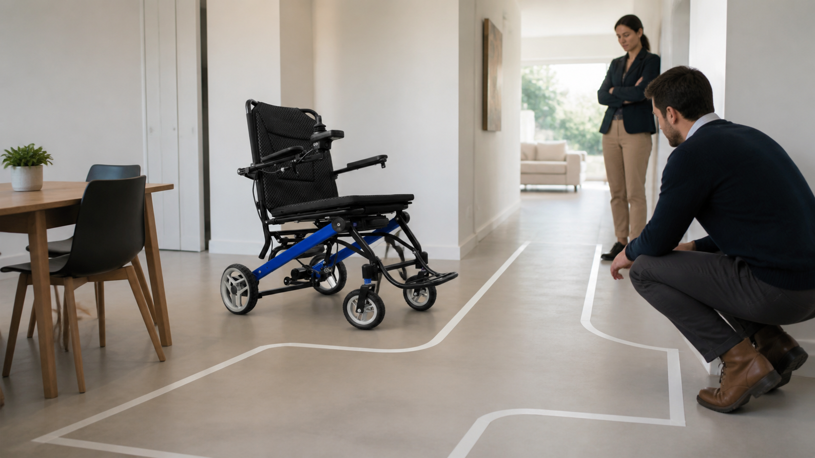 Buyers observing a compact electric wheelchair turning route