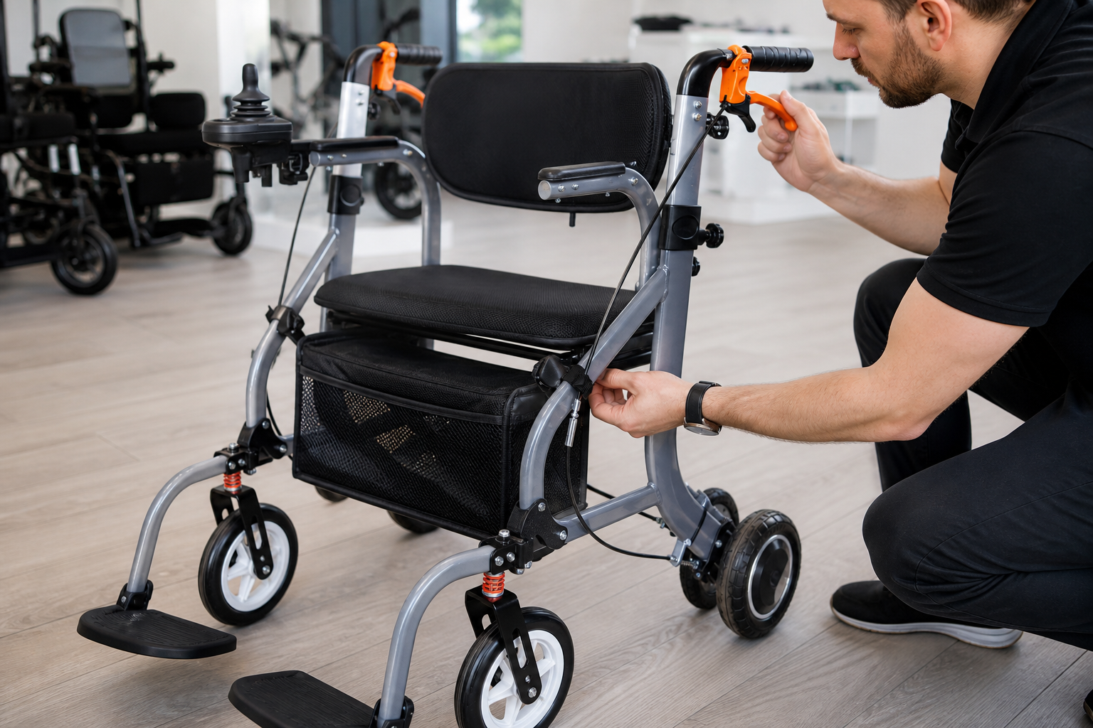 Buyer inspecting electric walker brake levers controls and cables