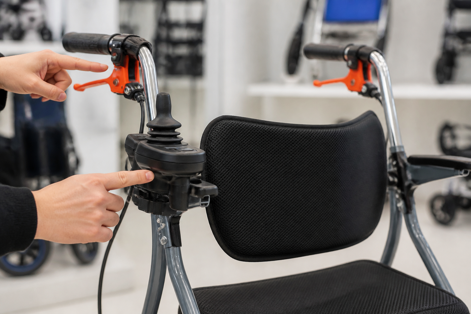 Buyer inspecting joystick and brake controls on an electric walker