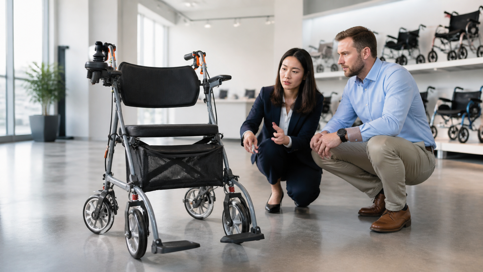 Buyer and supplier representative reviewing a powered rollator