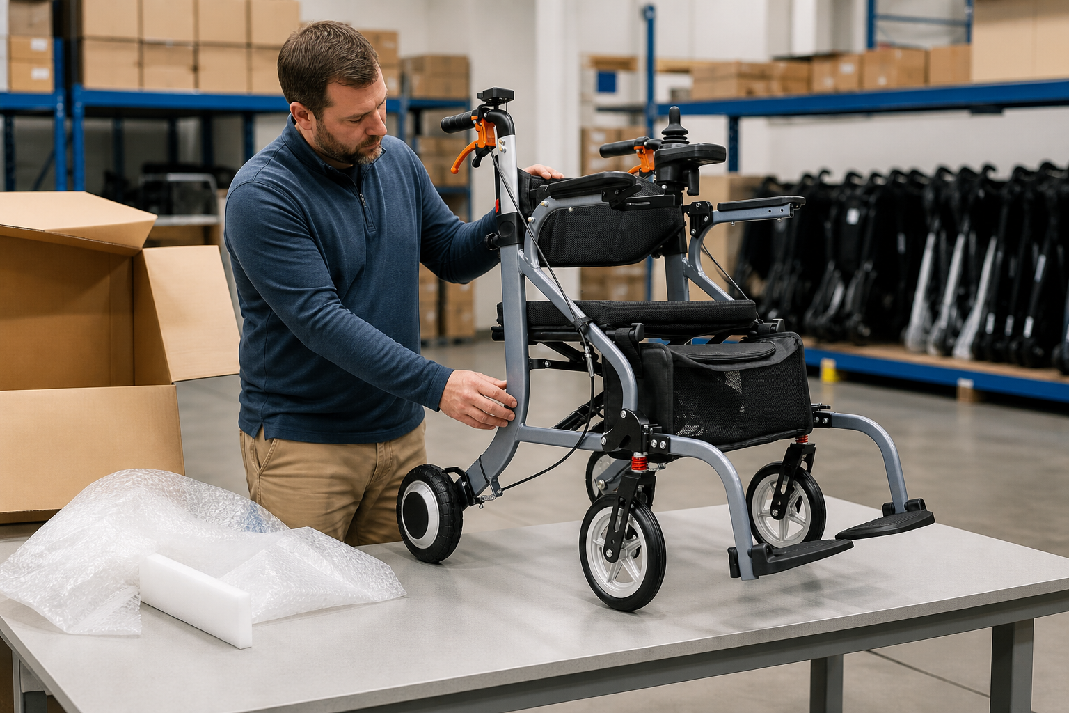 Specialist inspecting an electric walker after unpacking