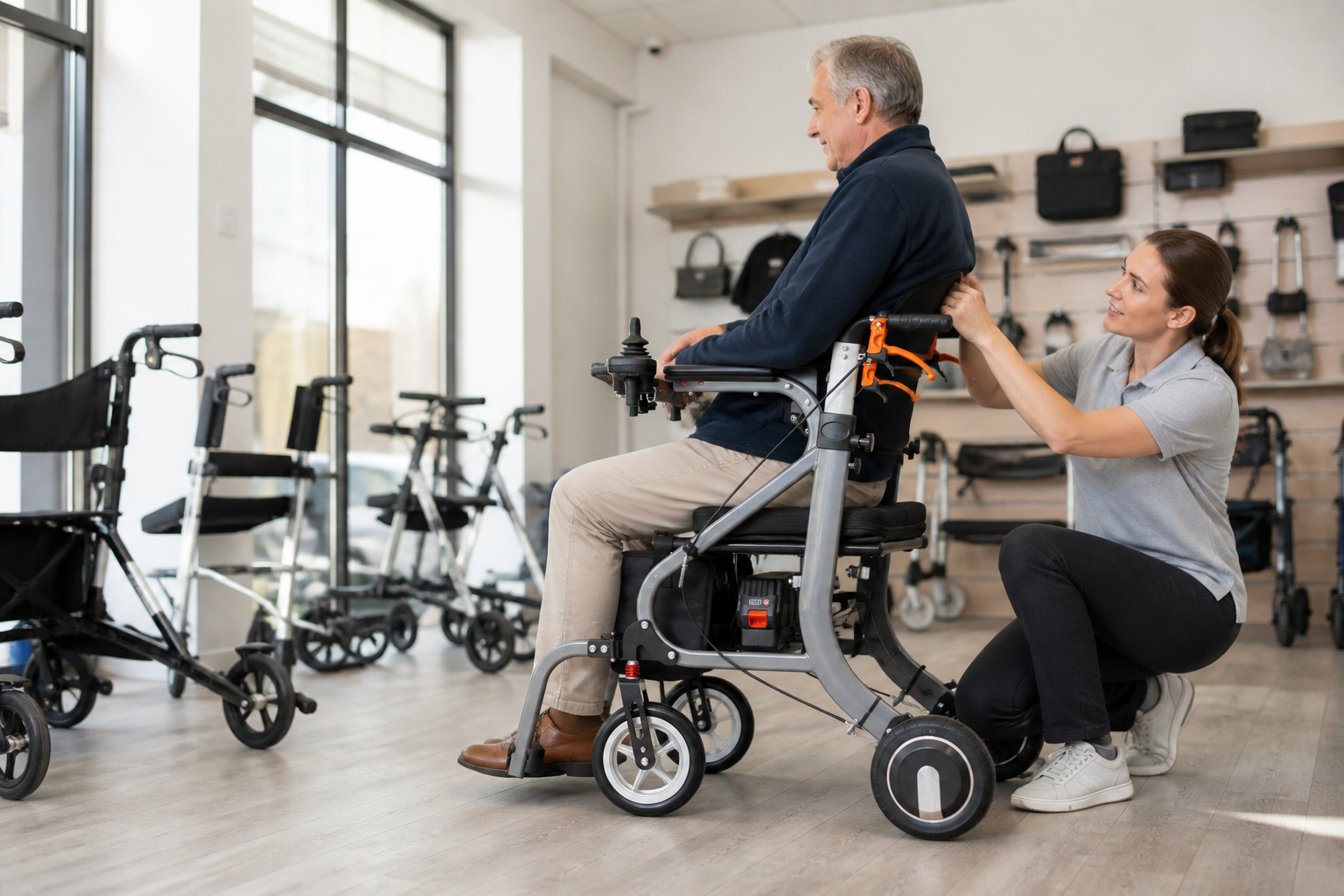 Buyer and specialist checking the fit of an electric walker