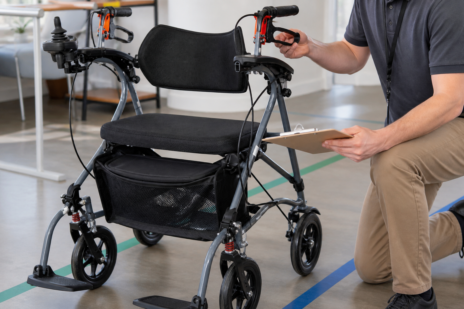 Trainer reviewing hand brakes and joystick on an electric walker with seat