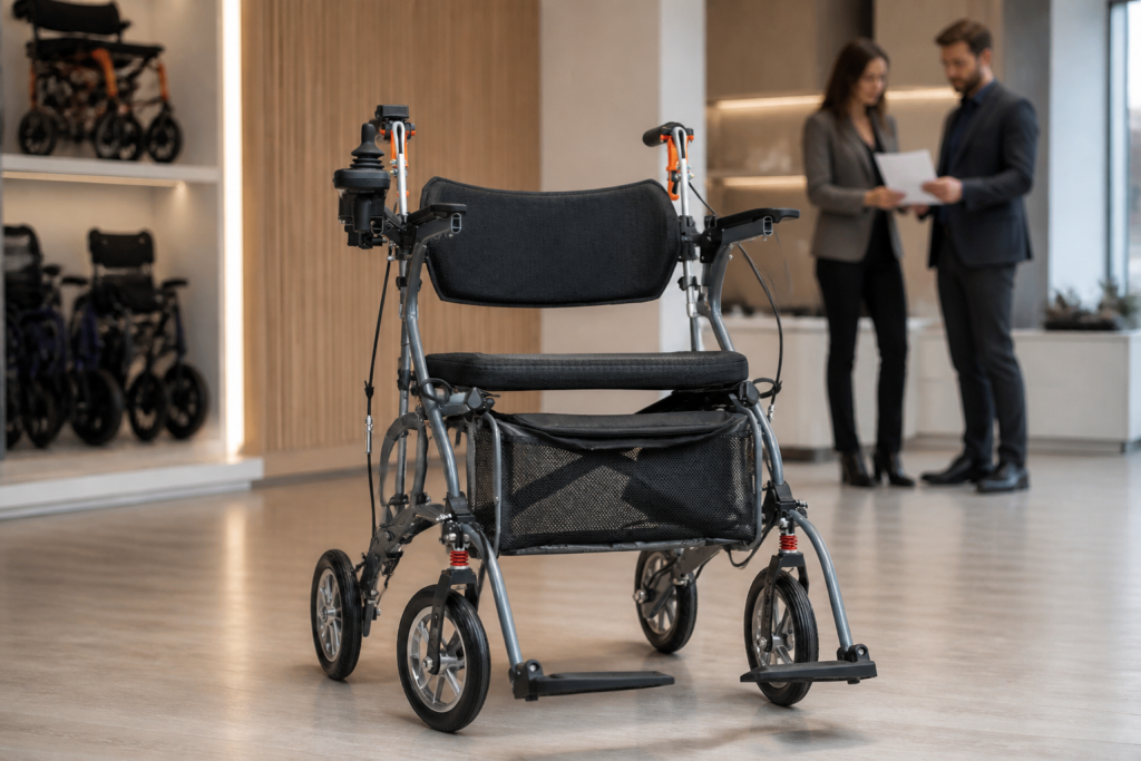 Electric walker with seat in a professional mobility showroom review