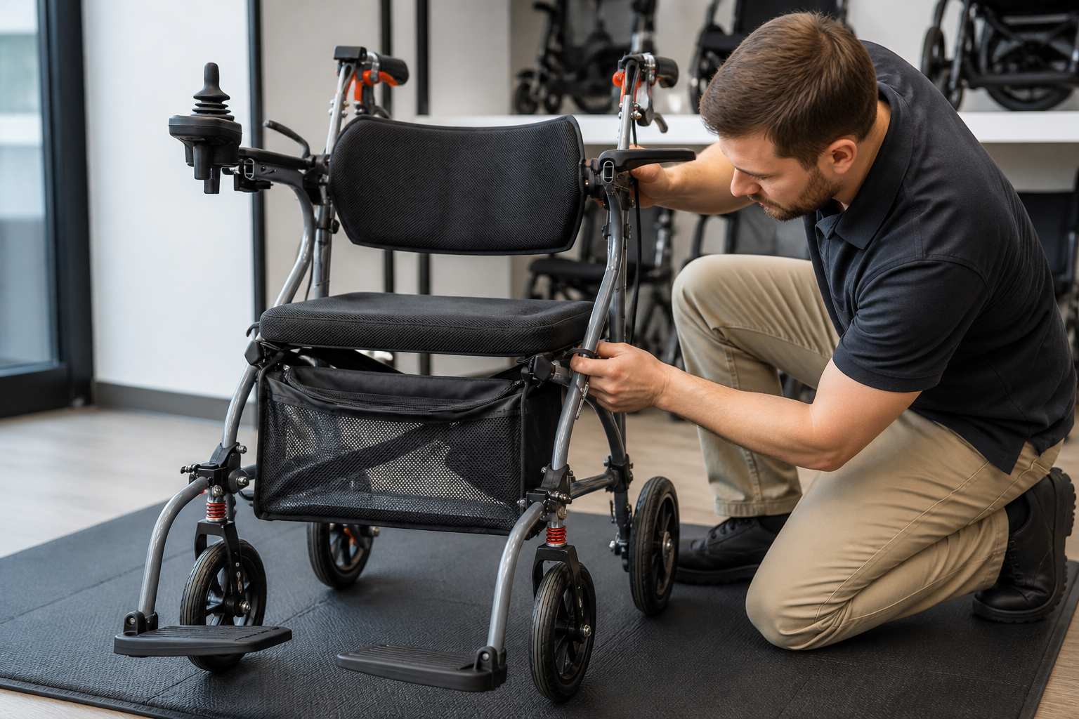 Technician checking seat backrest storage bag frame and footrests on an electric walker