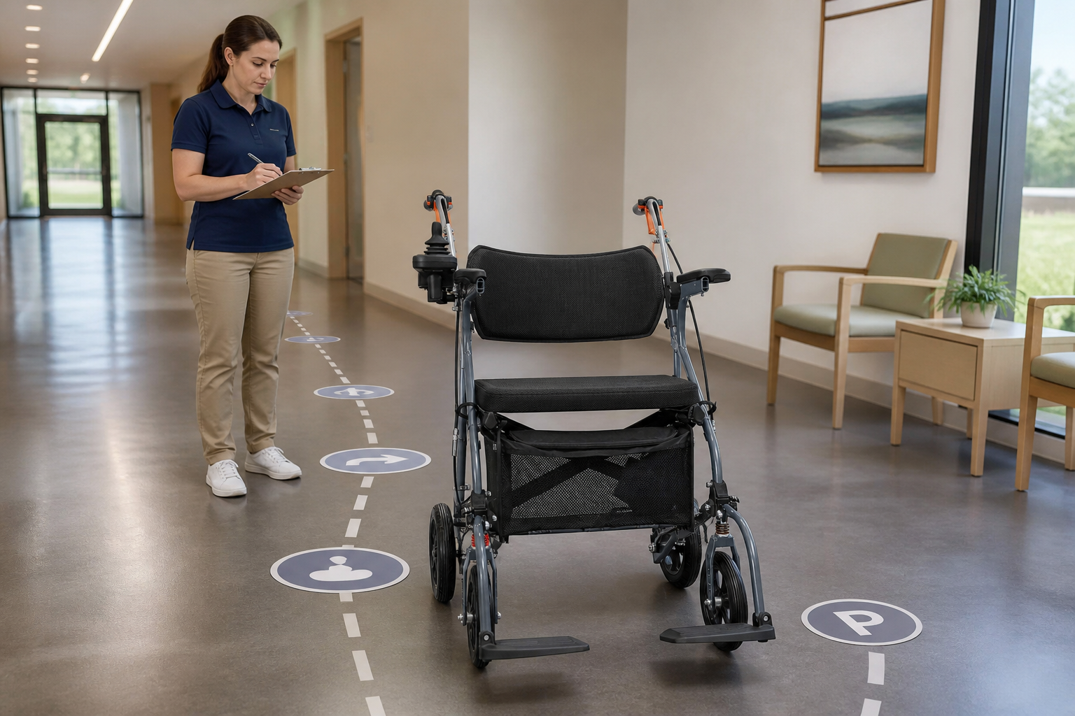 Staff member documenting a supervised indoor route for an electric walker with seat