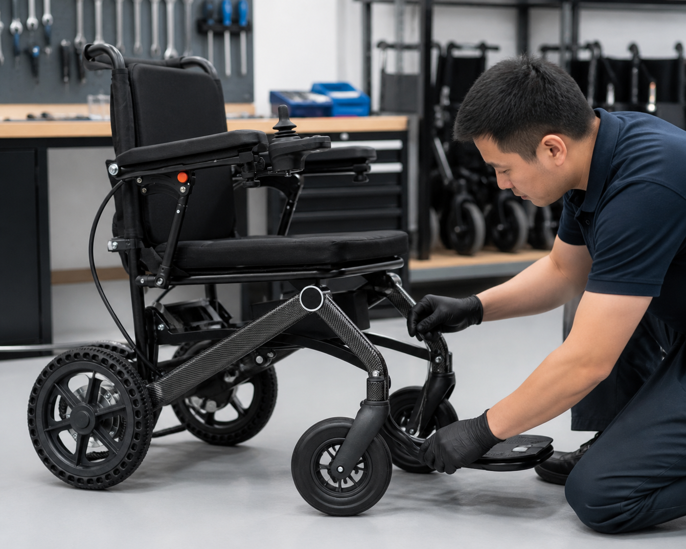 Technician performing a visual electric wheelchair inspection
