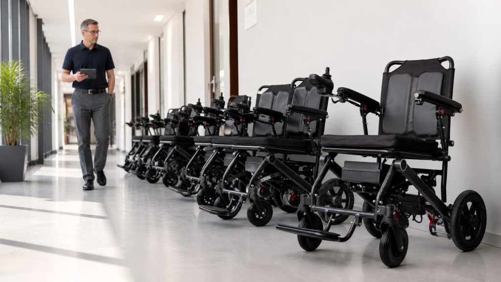 Fleet coordinator walking beside an orderly row of electric wheelchairs