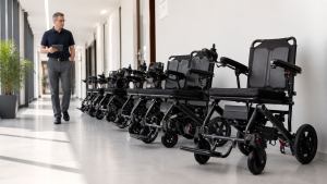 Fleet coordinator walking beside an orderly row of electric wheelchairs