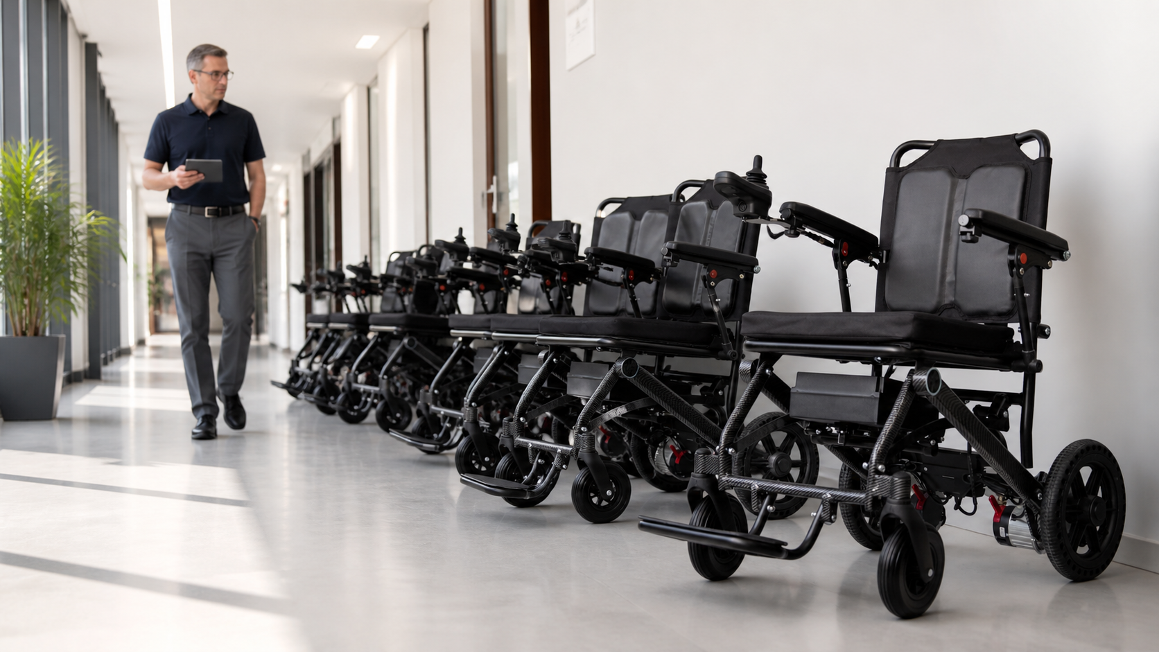 Fleet coordinator walking beside an orderly row of electric wheelchairs
