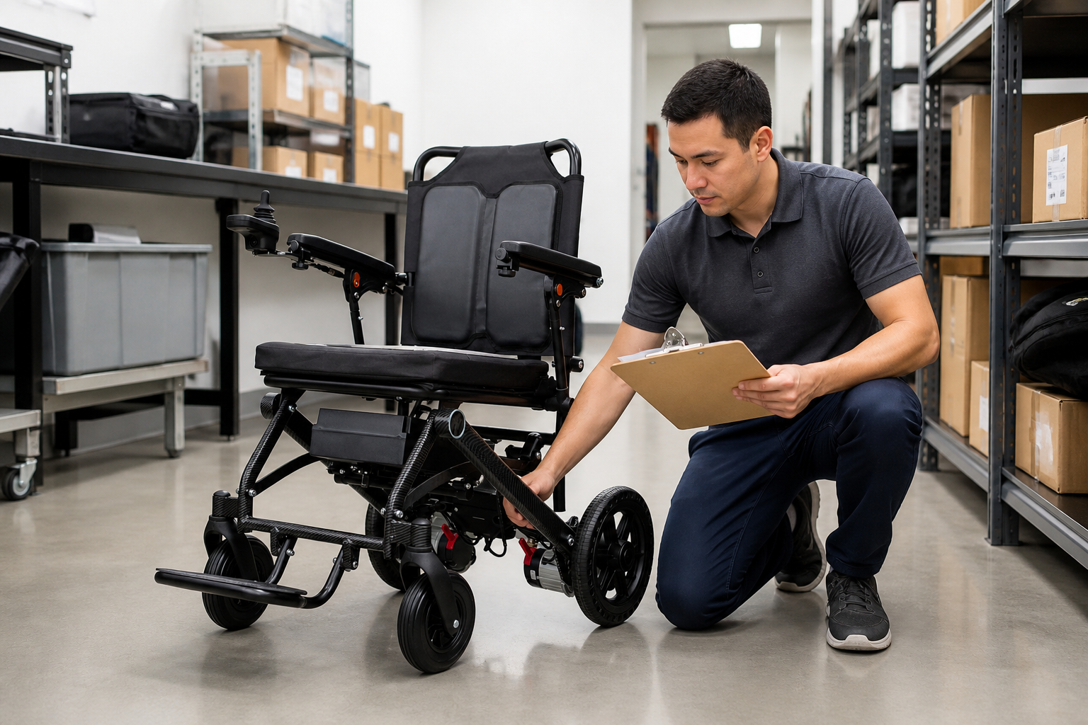 Fleet coordinator inspecting an electric wheelchair at receiving