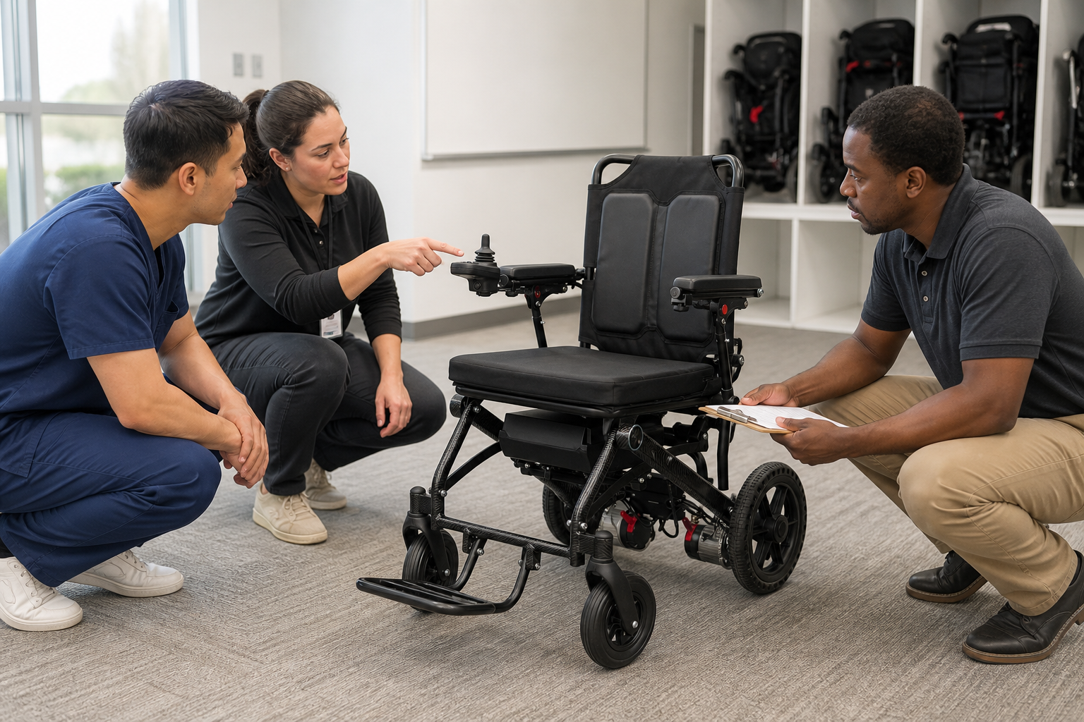 Facility staff reviewing an electric wheelchair during handover