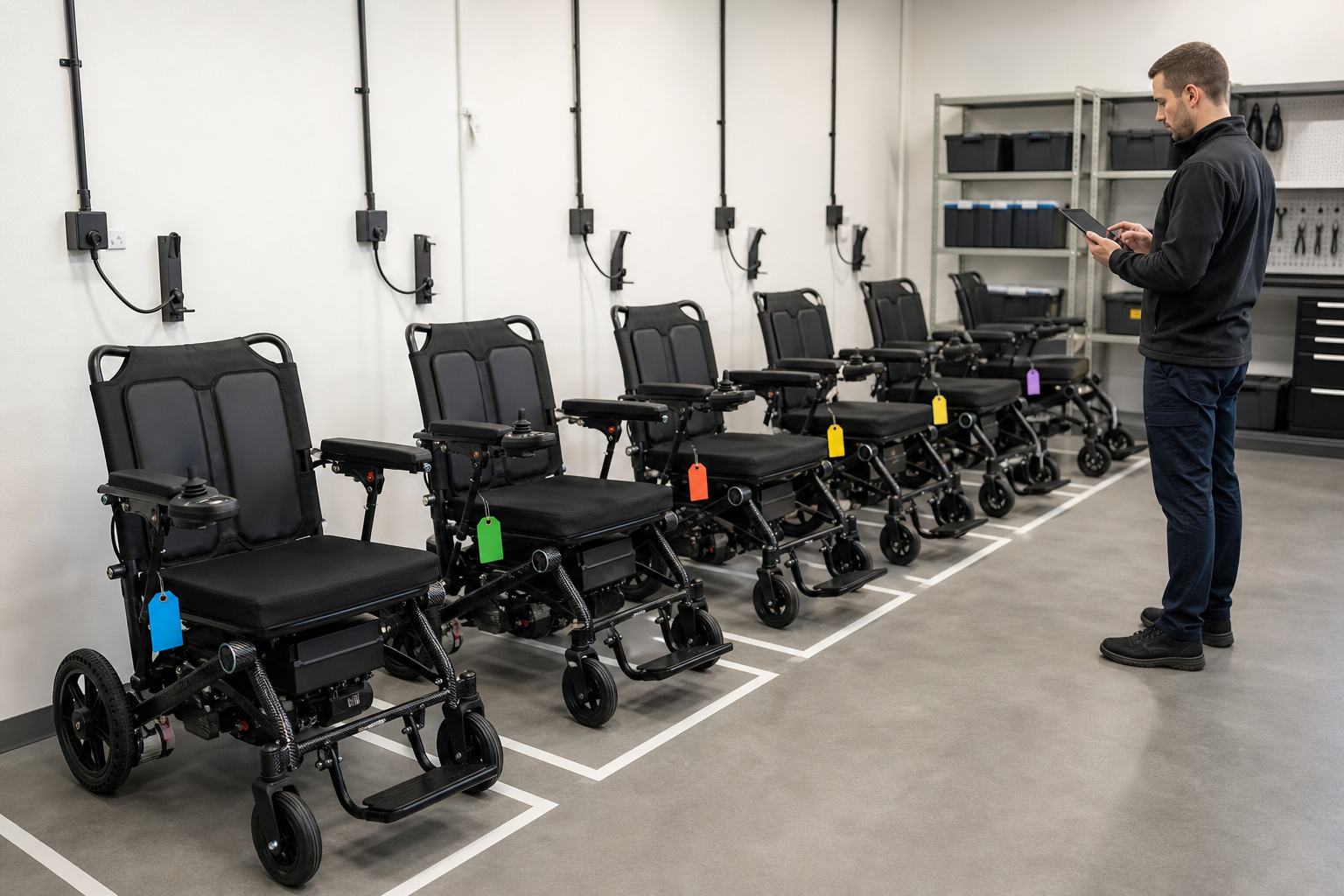 Electric wheelchair fleet arranged in assigned storage bays