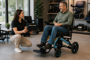 Adult user and distributor specialist reviewing an electric wheelchair