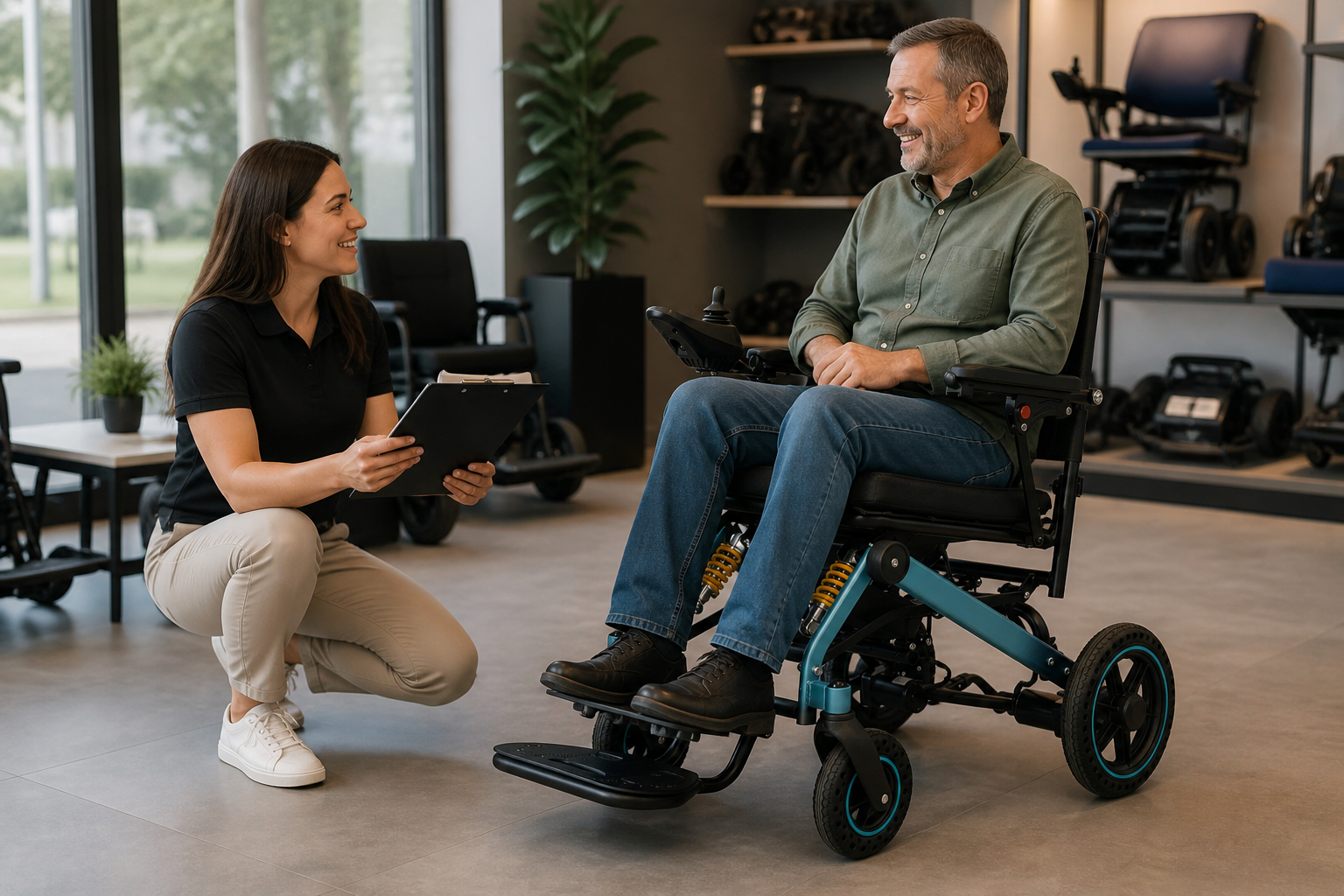 Adult user and distributor specialist reviewing an electric wheelchair