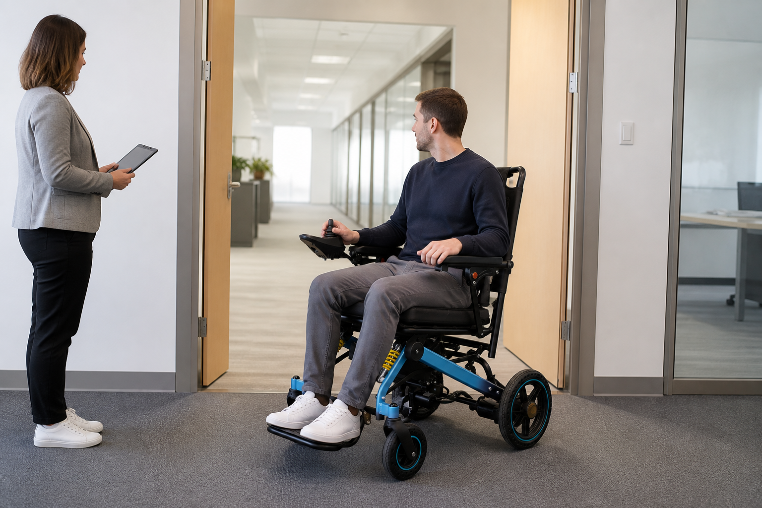 Adult testing an electric wheelchair through a workplace doorway