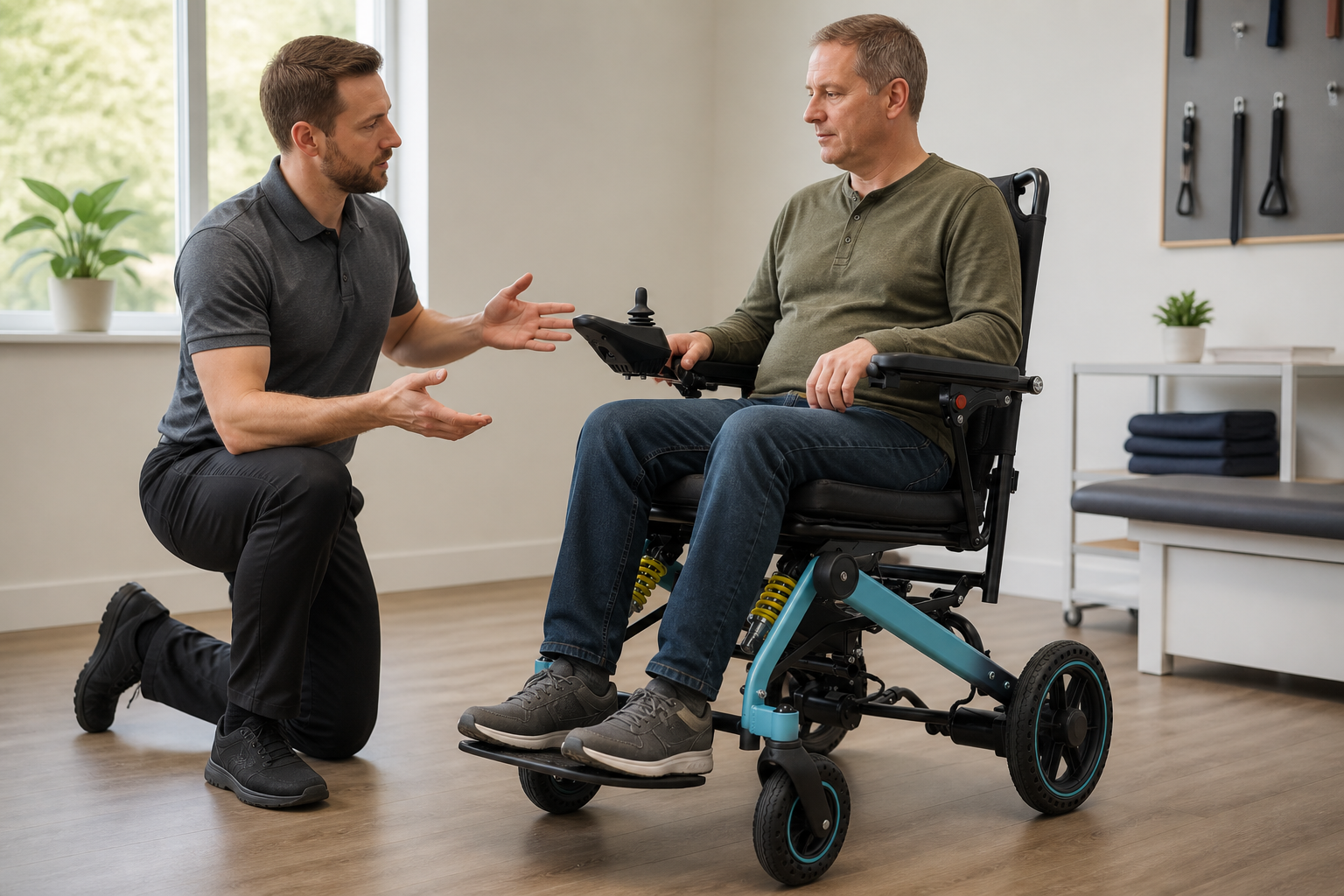 Adult user and specialist reviewing seated fit and joystick reach