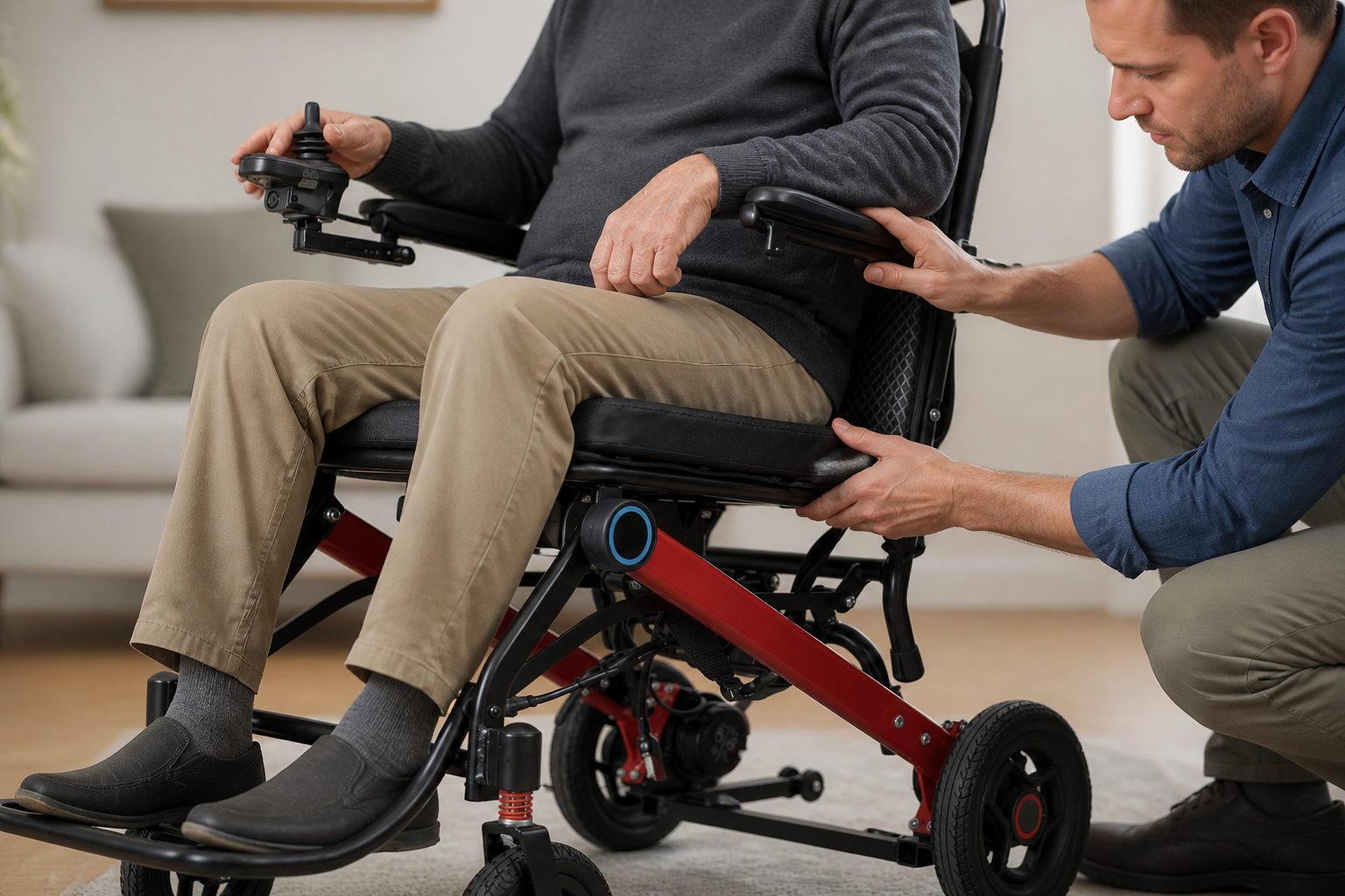 Reviewer checking seat and joystick access on an electric wheelchair for seniors