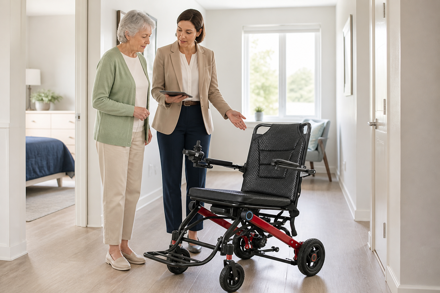 Senior user and buyer reviewing an electric wheelchair in an apartment