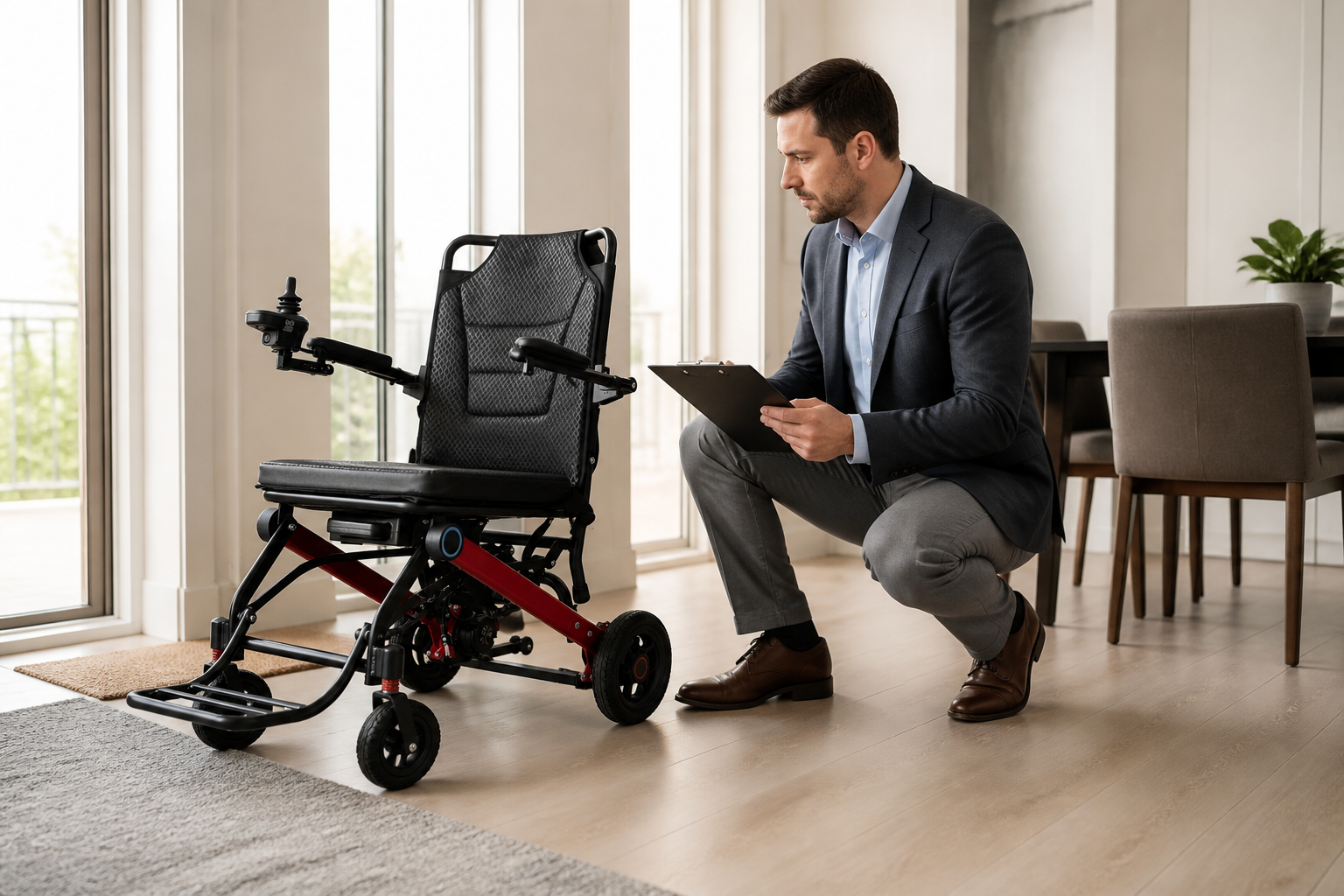 Buyer reviewing an electric wheelchair near a doorway rug and dining table