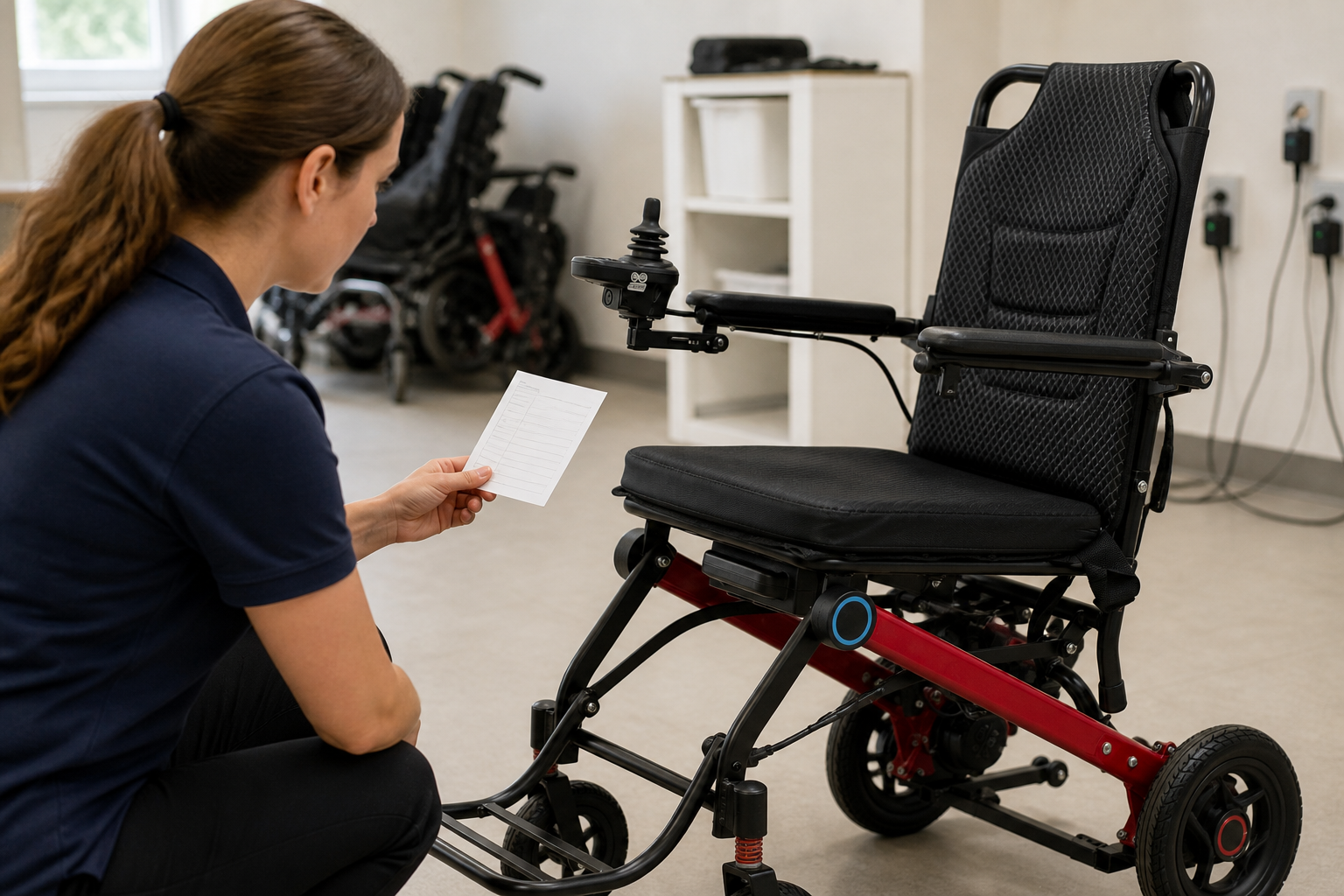 Staff member completing a daily electric wheelchair joystick controller check