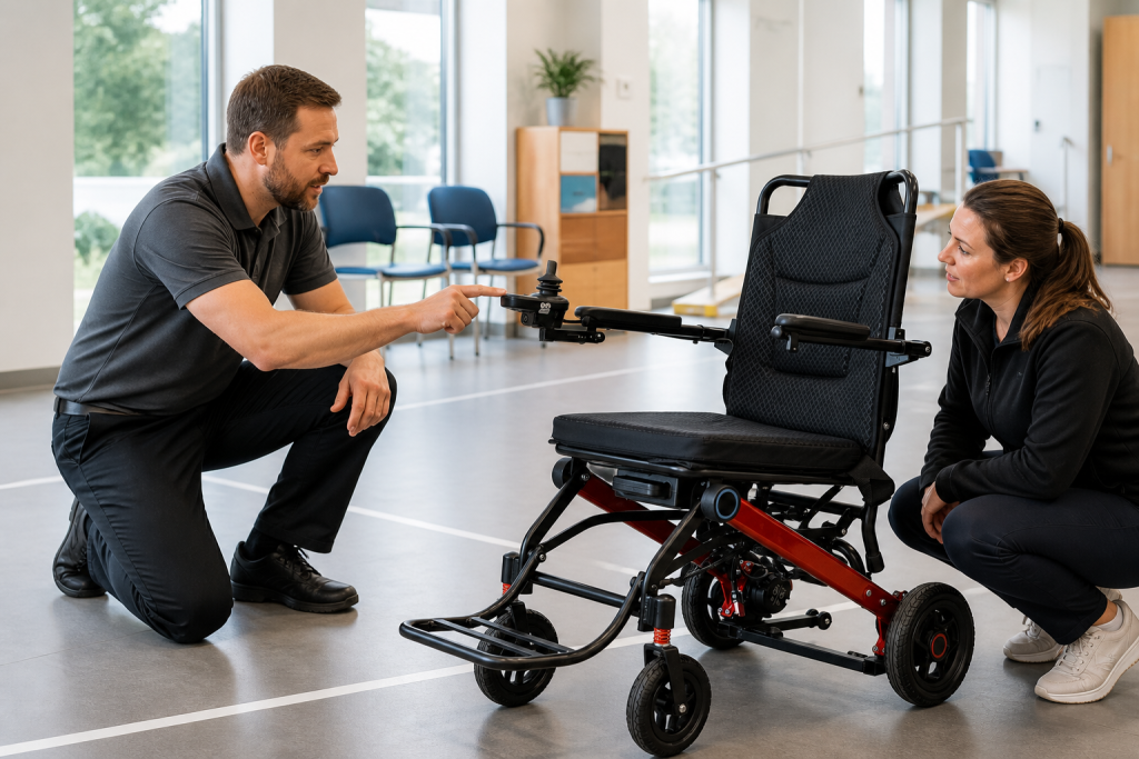 Staff reviewing an electric wheelchair joystick before handover
