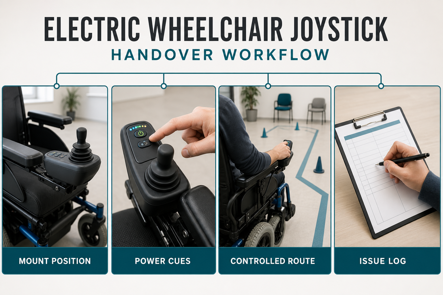 Electric wheelchair joystick handover workflow from mount position to issue log